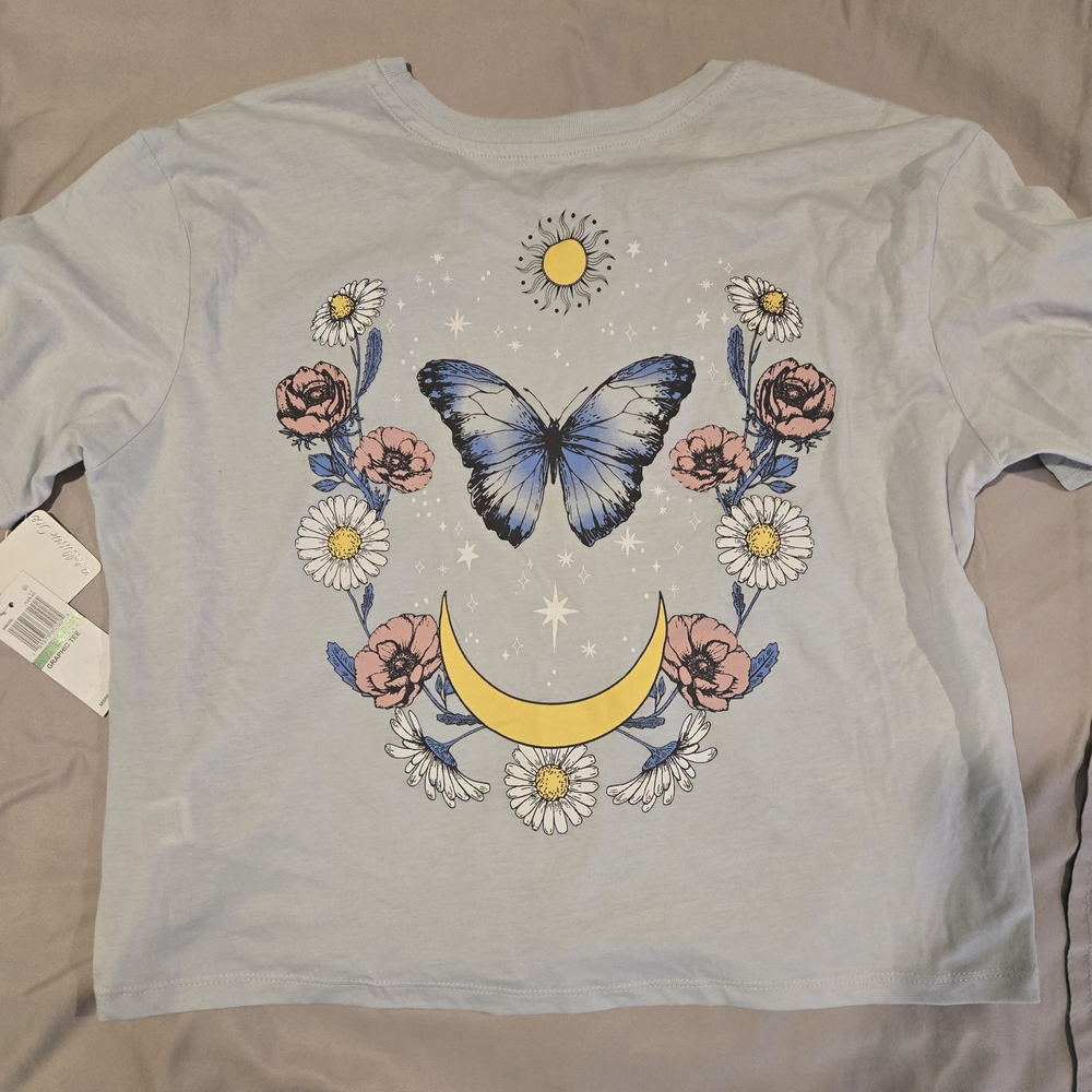 Rebellious One Blue Long Sleeve Tee with Nature-Inspired Designs